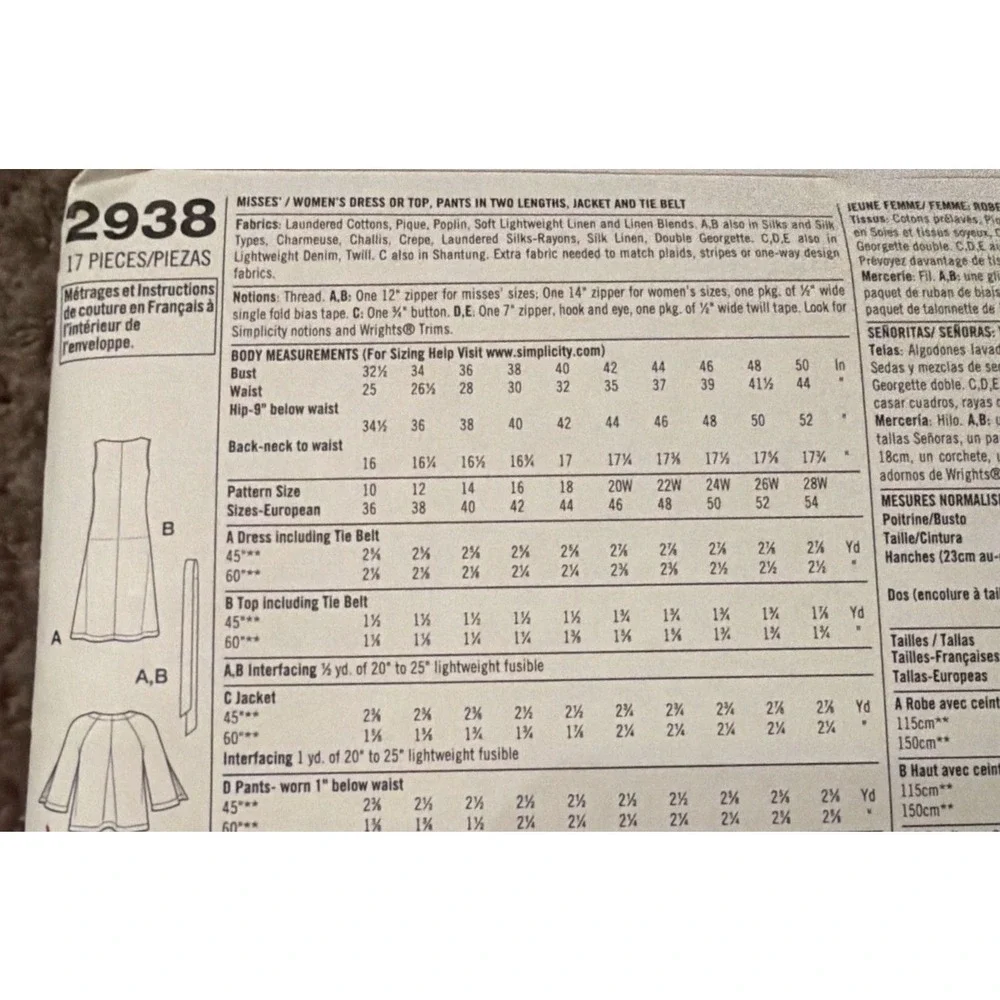 Simplicity 2938 Sewing Pattern Plus Size 20W-28W Dress Jacket Pants Uncut